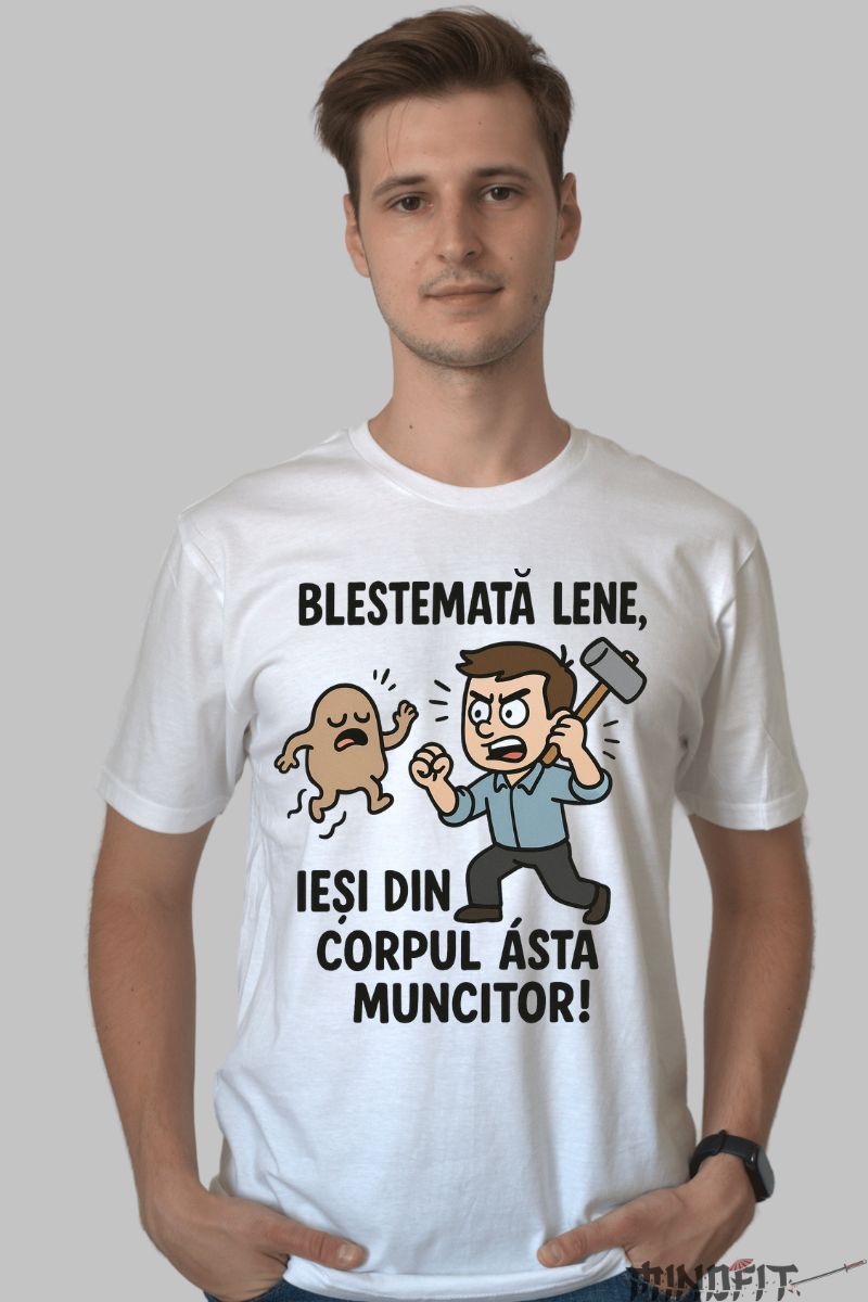 Tricou Amuzant Blestemata Lene barbat alb fata