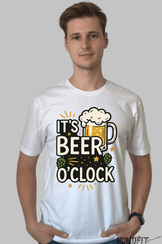 Tricou Amuzant It's Beer O'clock barbat alb fata