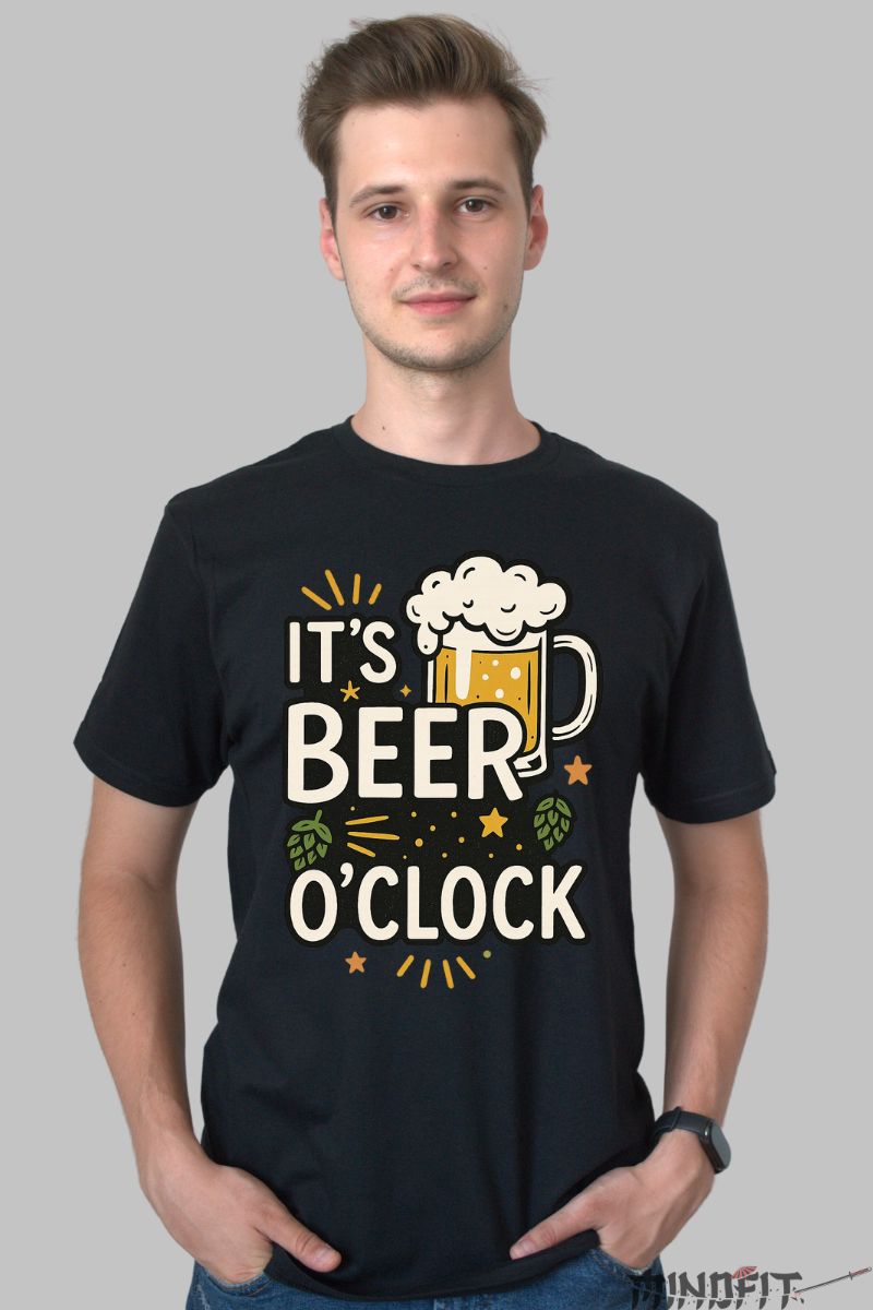Tricou Amuzant It's Beer O'clock barbat negru fata