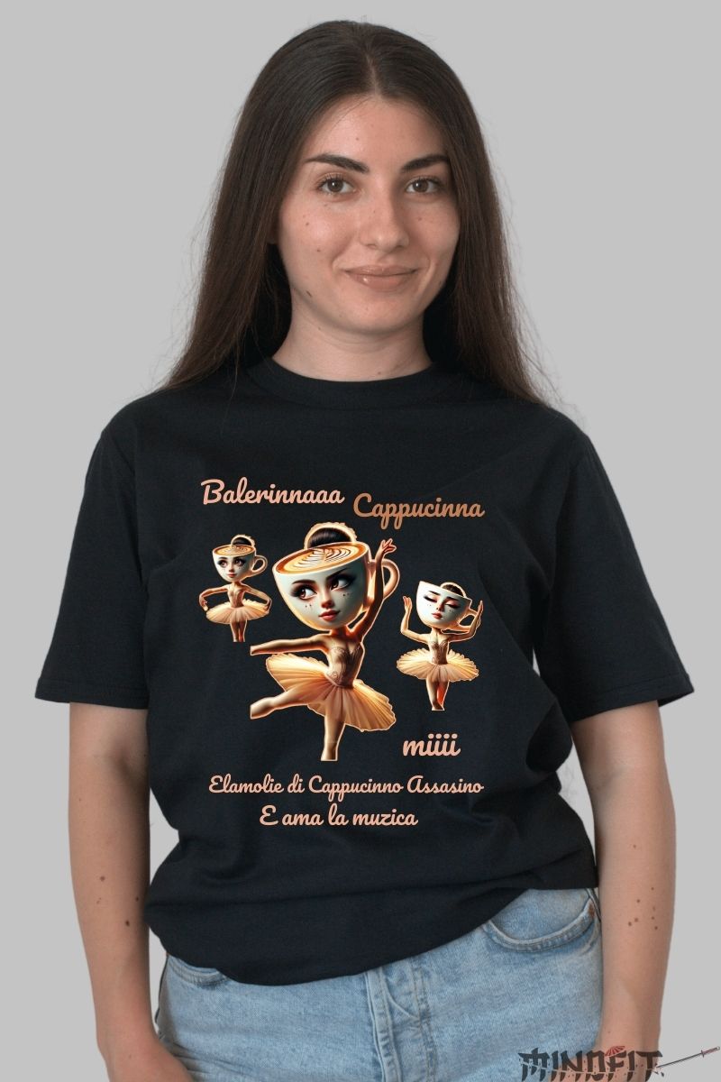 Tricou Amuzant Viral Cappuccina Ballerina dama negru fata