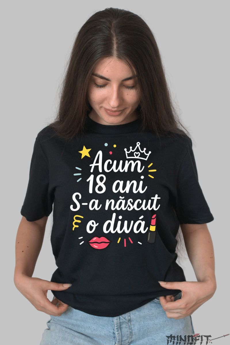 Tricou Amuzant cu Mesaj 18 Ani dama negru fata
