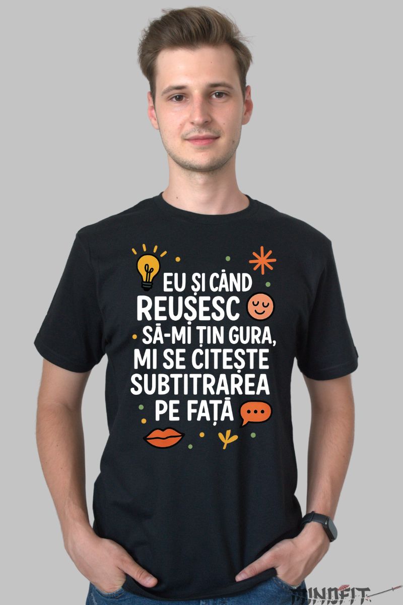 Tricou Amuzant cu Mesaj Subtitrare barbat negru fata