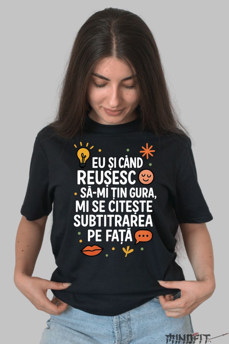 Tricou Amuzant cu Mesaj Subtitrare dama negru fata