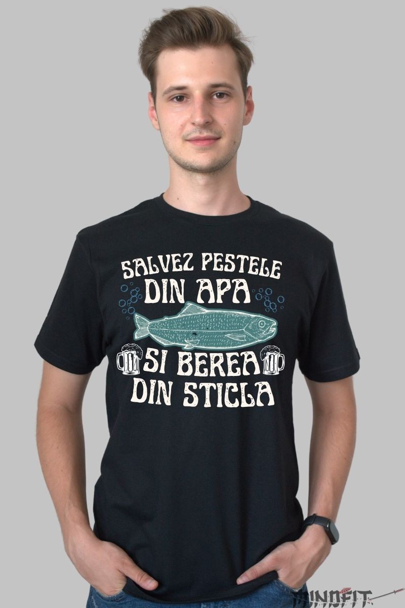 Tricou Amuzant cu Peste barbat negru fata