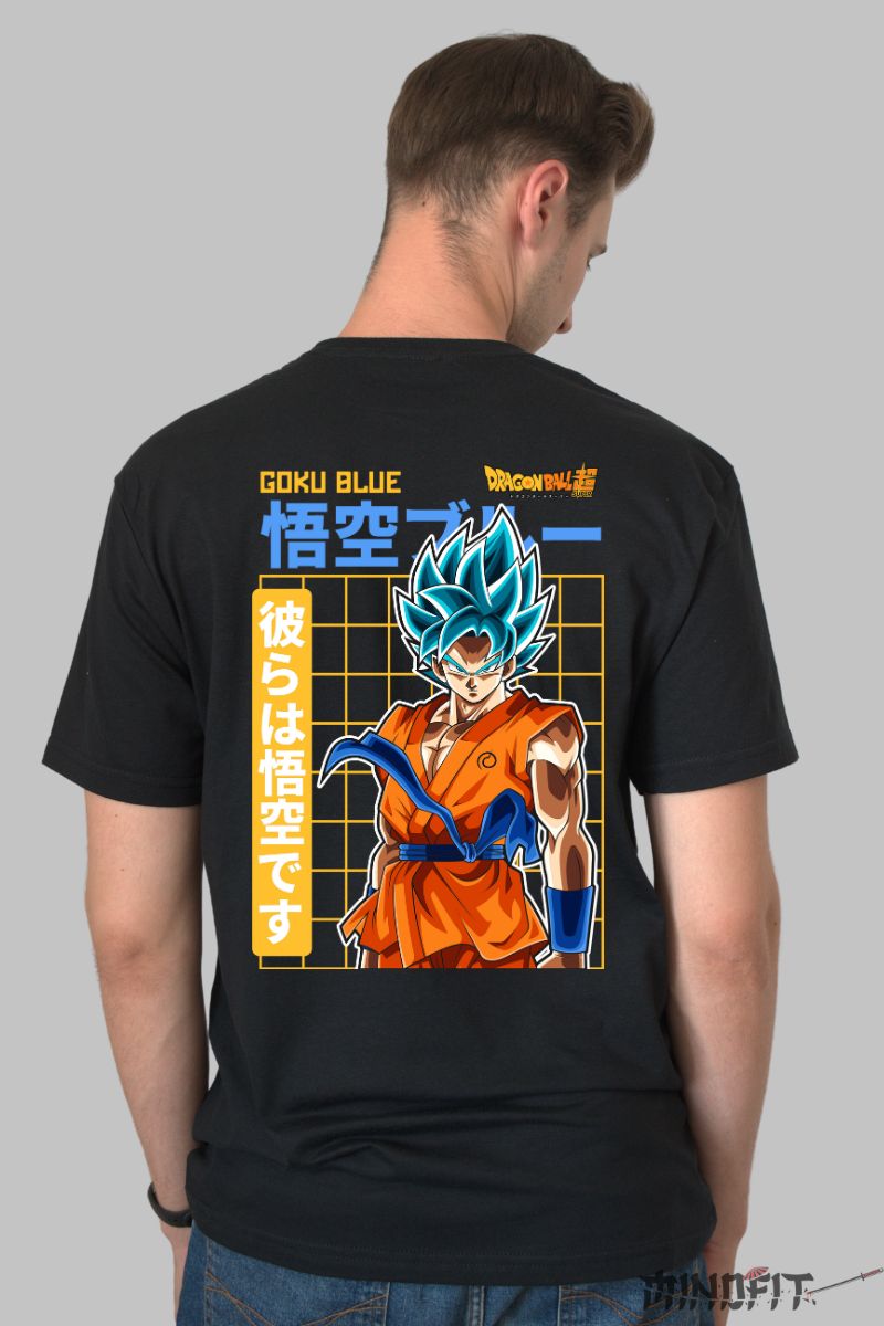 Tricou Anime Dragon Ball Son Goku Blue Samurai barbat negru spate