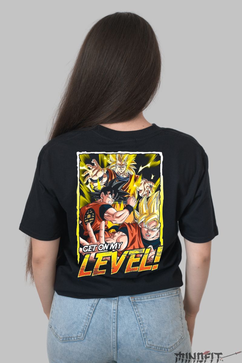 Tricou Anime Dragon Ball Son Goku Get On My Level dama negru spate