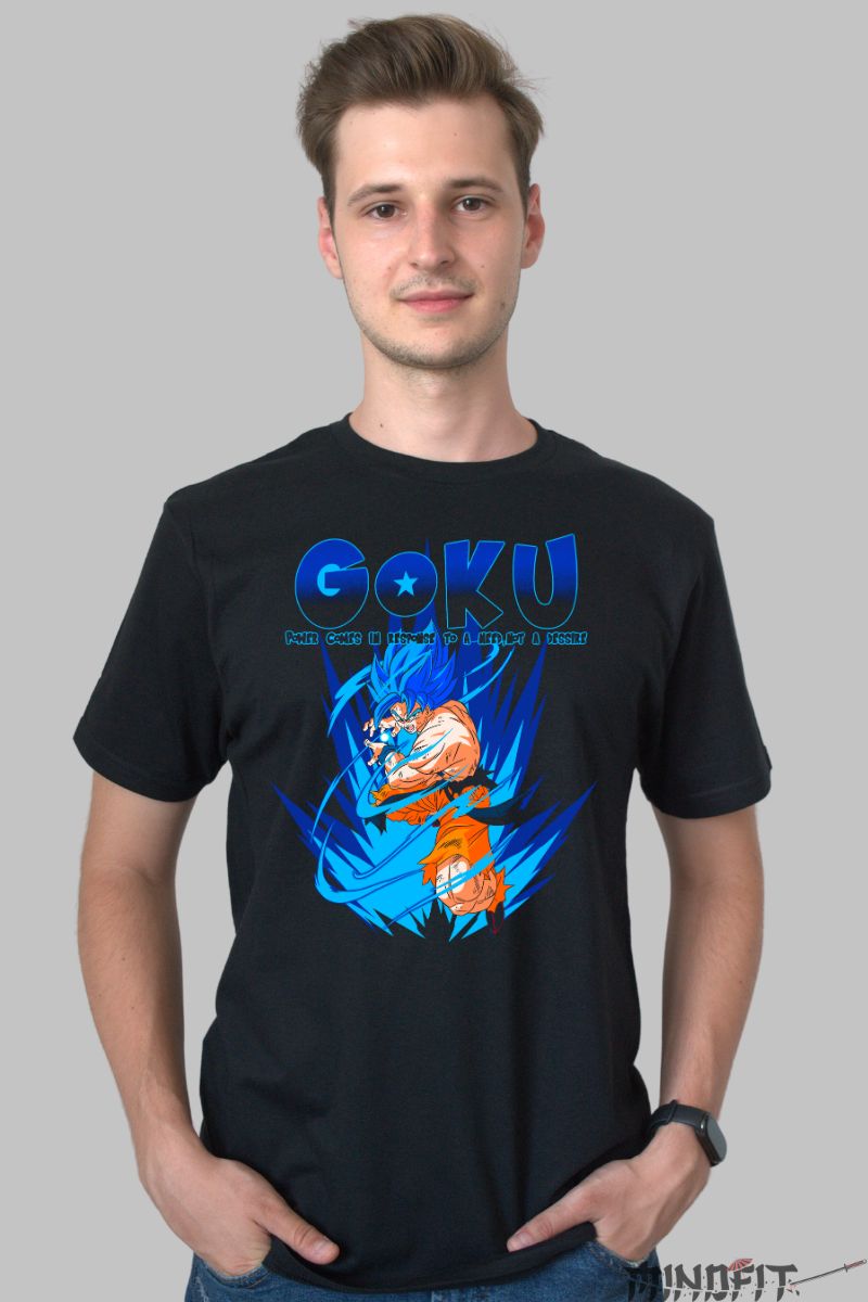 Tricou Anime Dragon Ball Son Goku Power Comes barbat negru fata