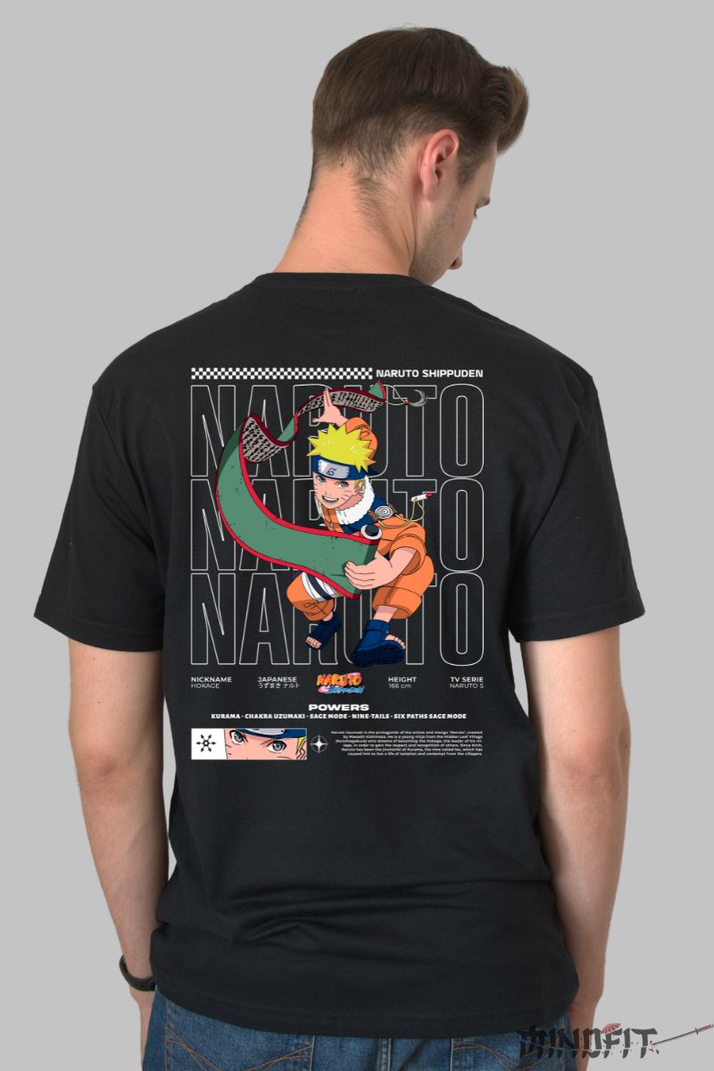 Tricou Anime Naruto Chakra Uzumaki barbat negru spate