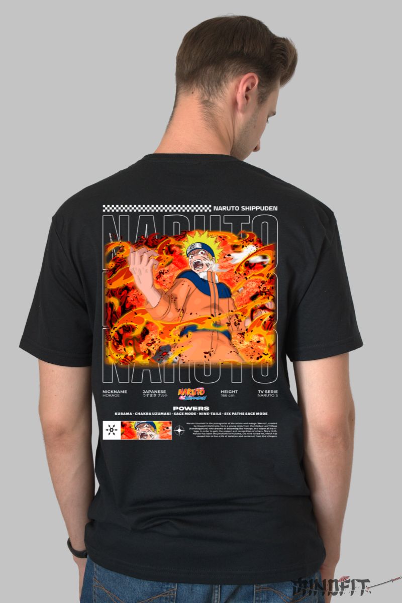 Tricou Anime Naruto Fire of Will barbat negru spate