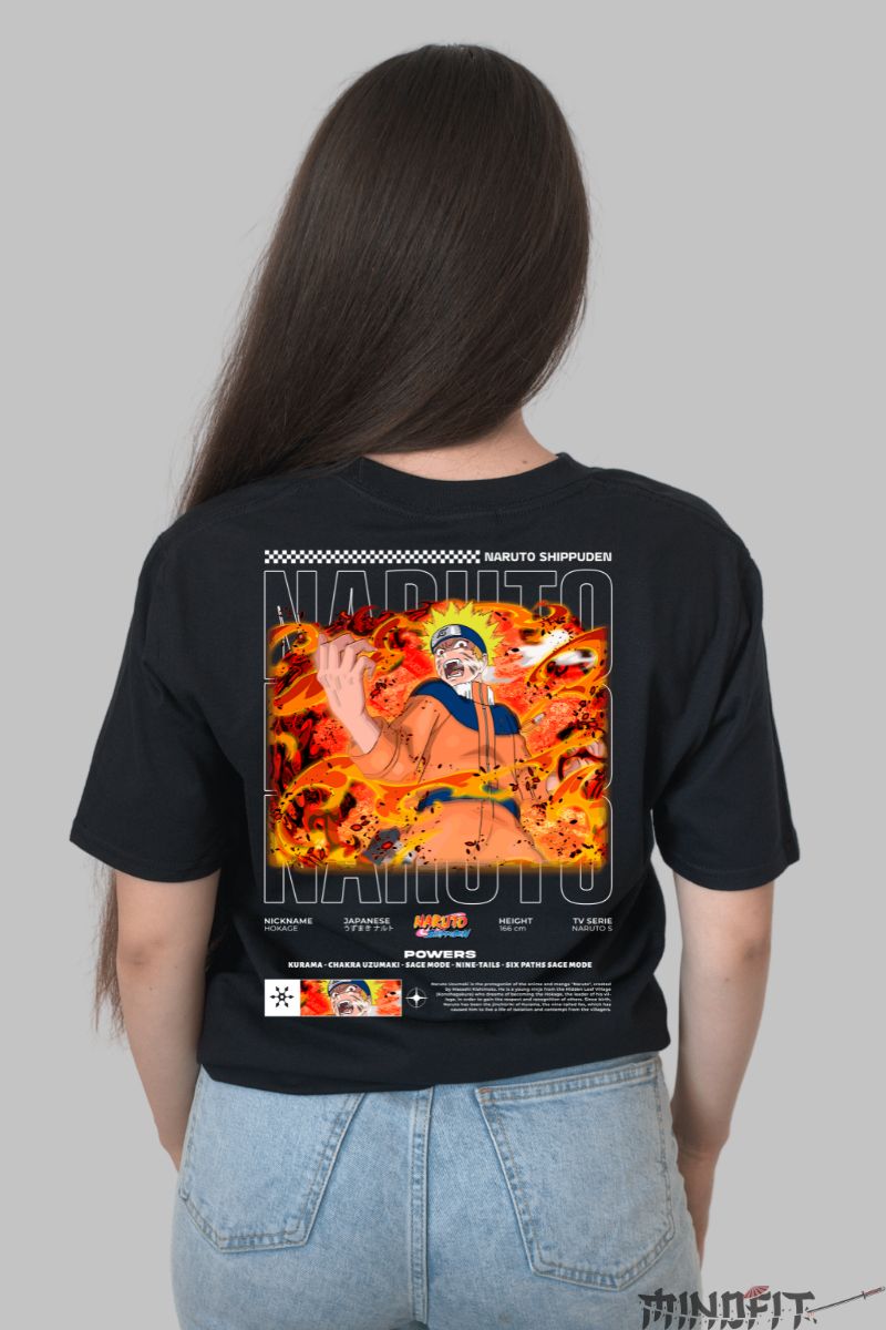 Tricou Anime Naruto Fire of Will dama negru spate