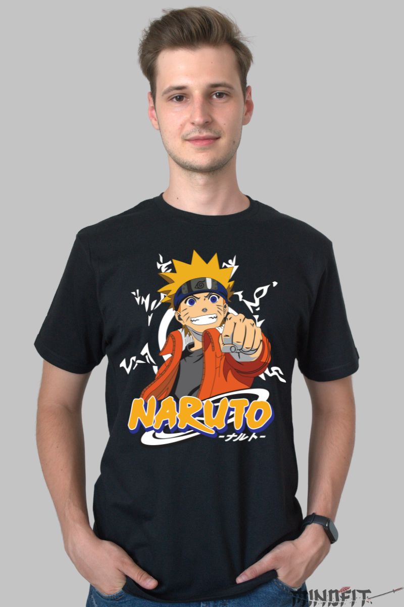 Tricou Anime Naruto Forta Sigiliului barbat negru fata
