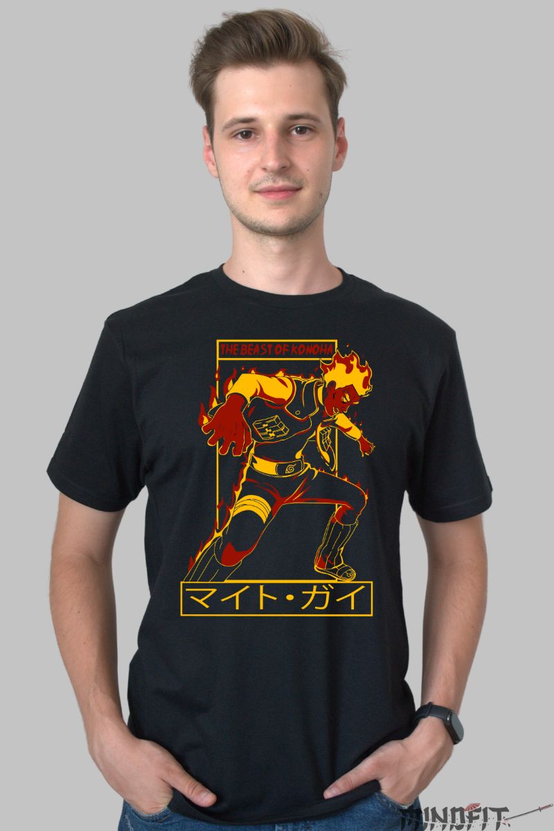 Tricou Anime Naruto Guy Sensei "The Beast Of Konoha" barbat negru fata