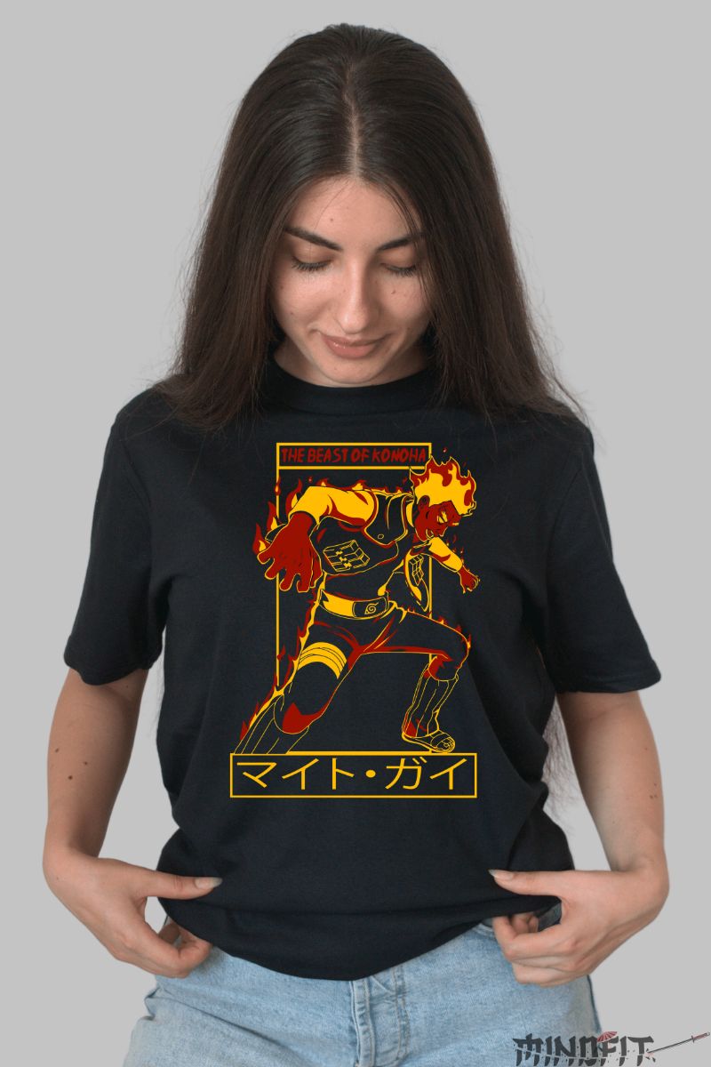 Tricou Anime Naruto Guy Sensei "The Beast Of Konoha" dama negru fata