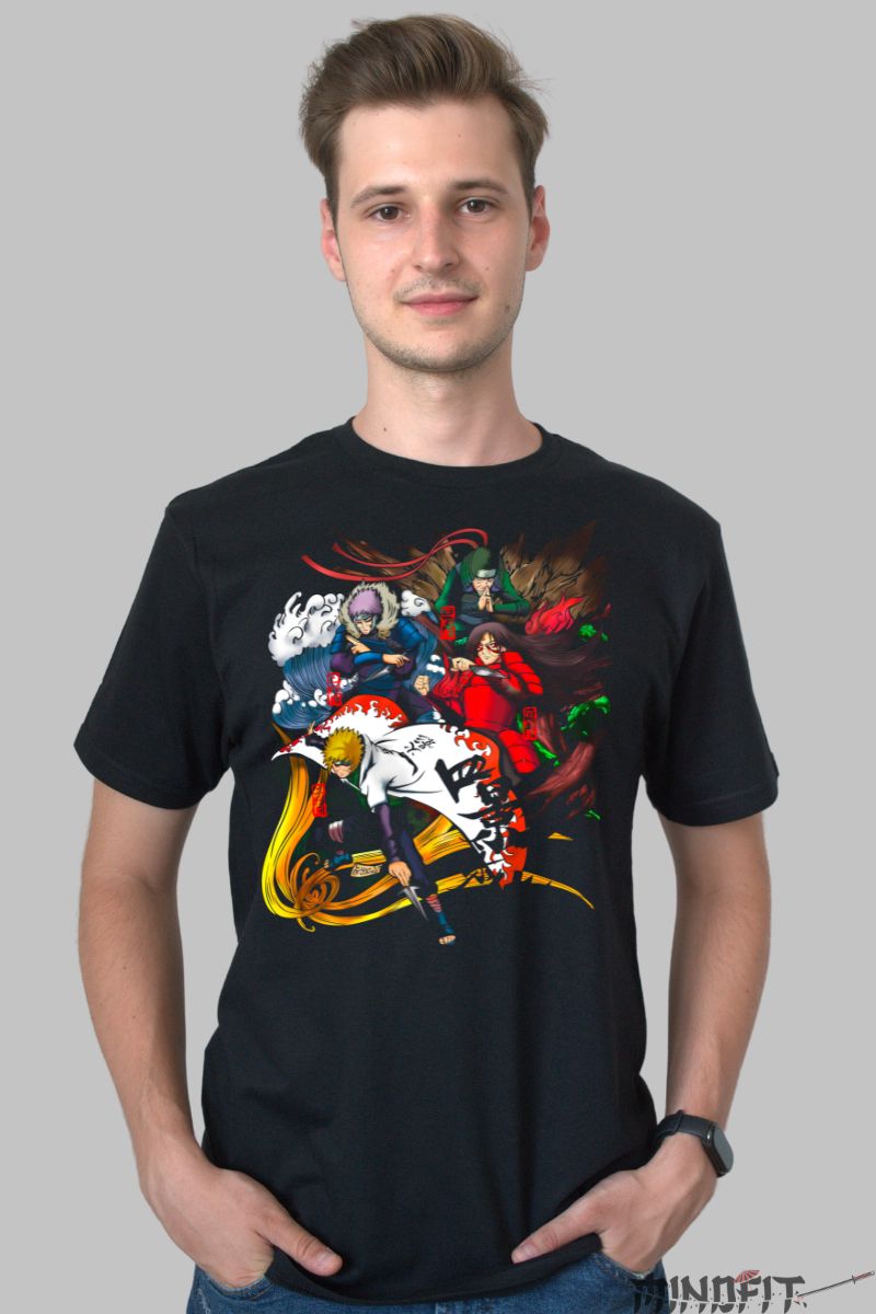 Tricou Anime Naruto Hokage Hidden Leaf Village barbat negru fata