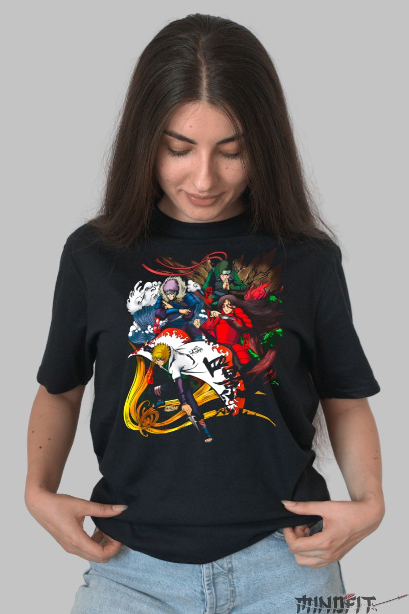 Tricou Anime Naruto Hokage Hidden Leaf Village dama negru fata