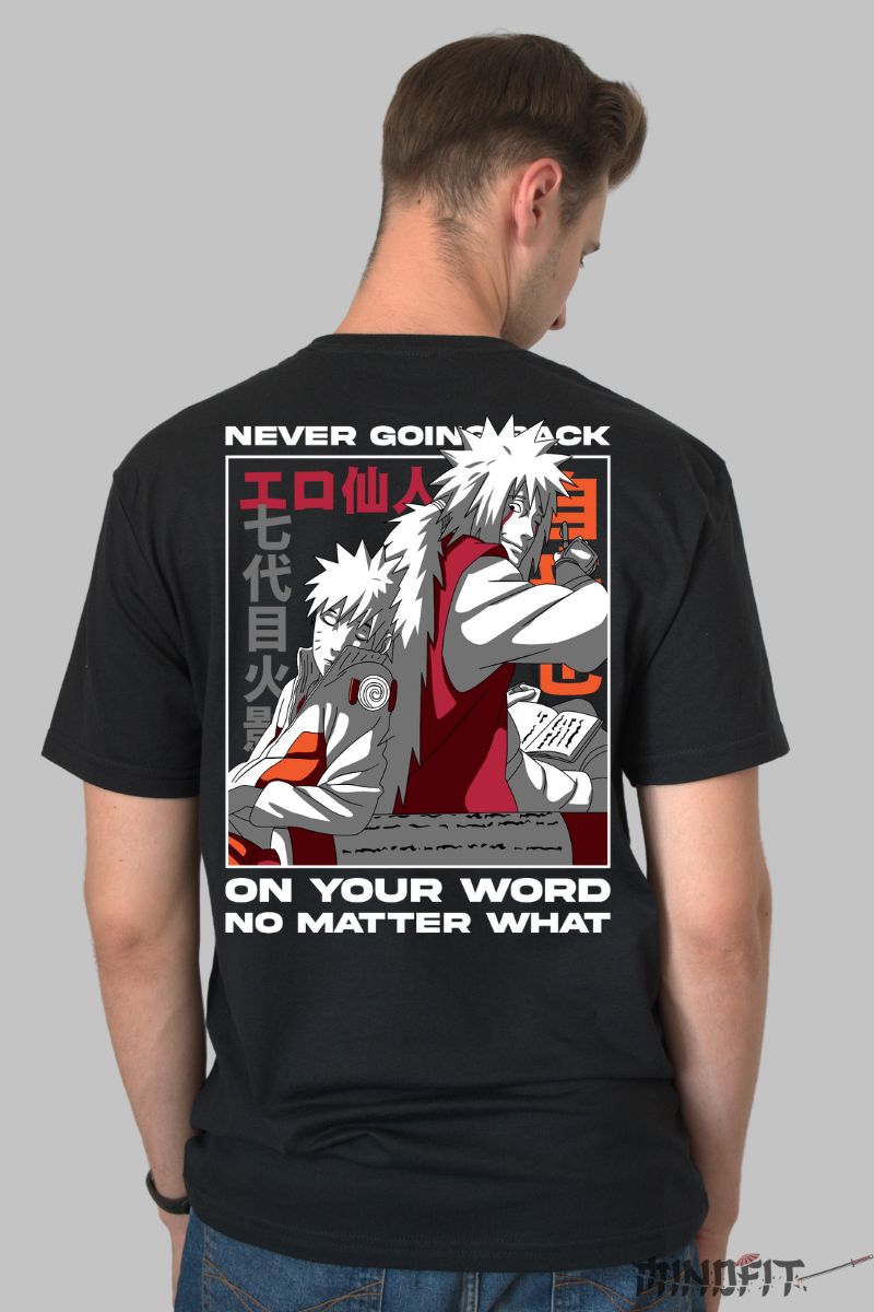 Tricou Anime Naruto Jiraya "Never Going Back" barbat negru spate