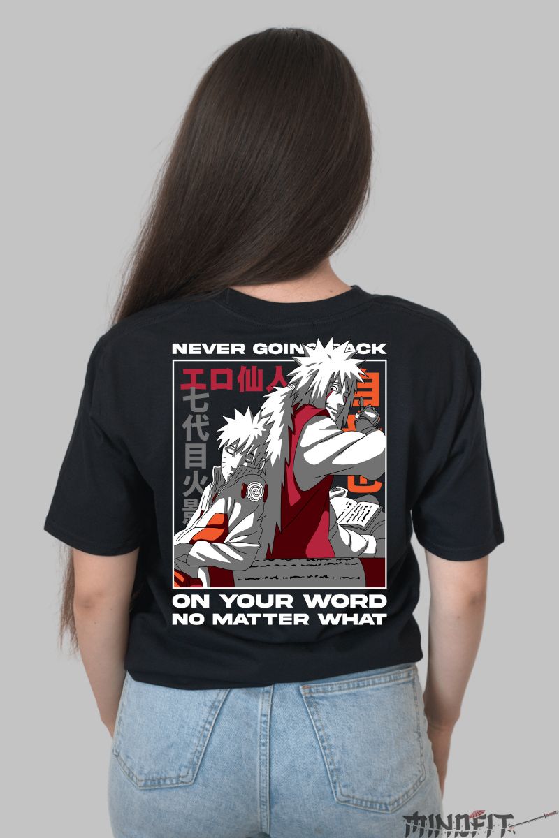 Tricou Anime Naruto Jiraya "Never Going Back" dama negru spate