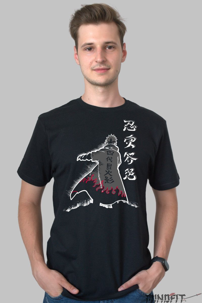 Tricou Anime Naruto Minato Flame barbat negru fata