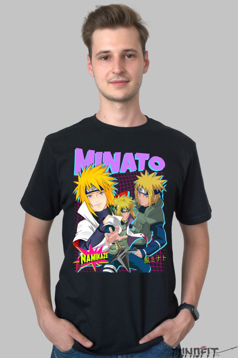 Tricou Anime Naruto Minato Namikaze barbat negru fata