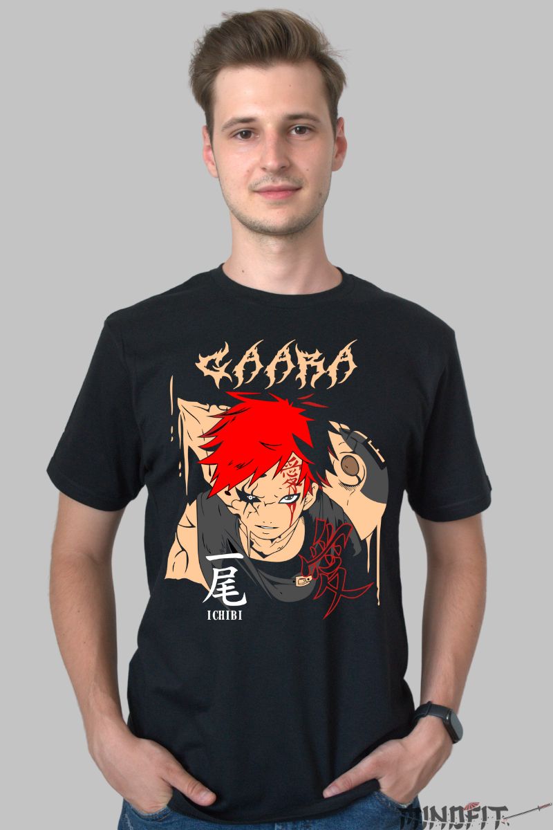 Tricou Anime Naruto Model Gaara Ichibi barbat negru fata