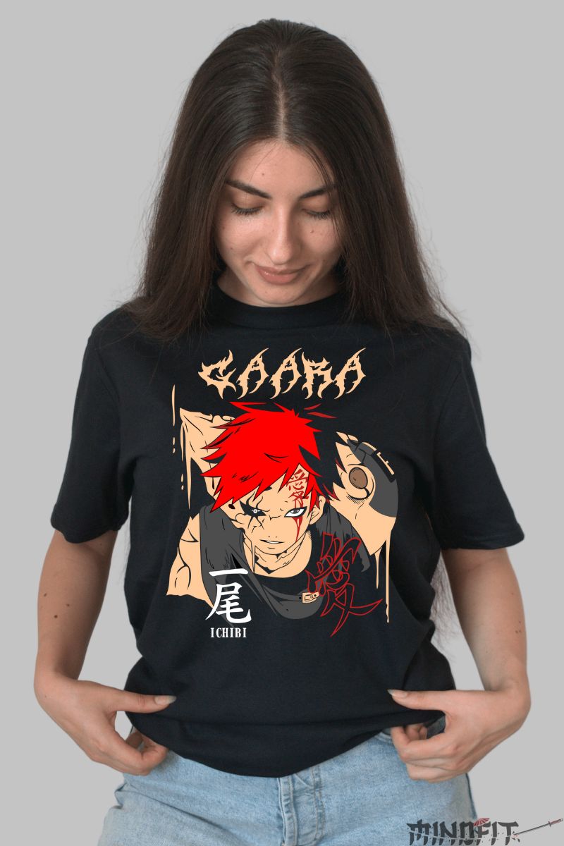 Tricou Anime Naruto Model Gaara Ichibi dama negru fata