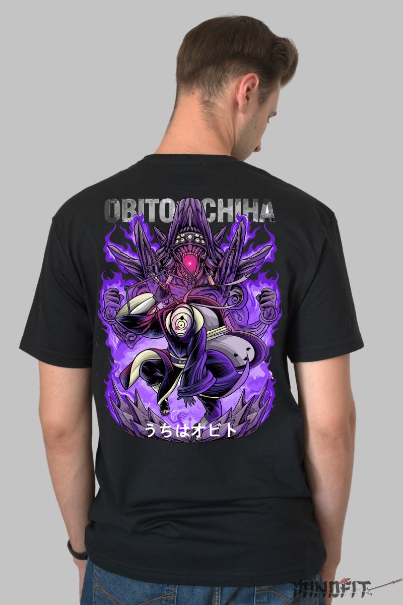 Tricou Anime Naruto Obito Uchiha Full Power barbat negru spate