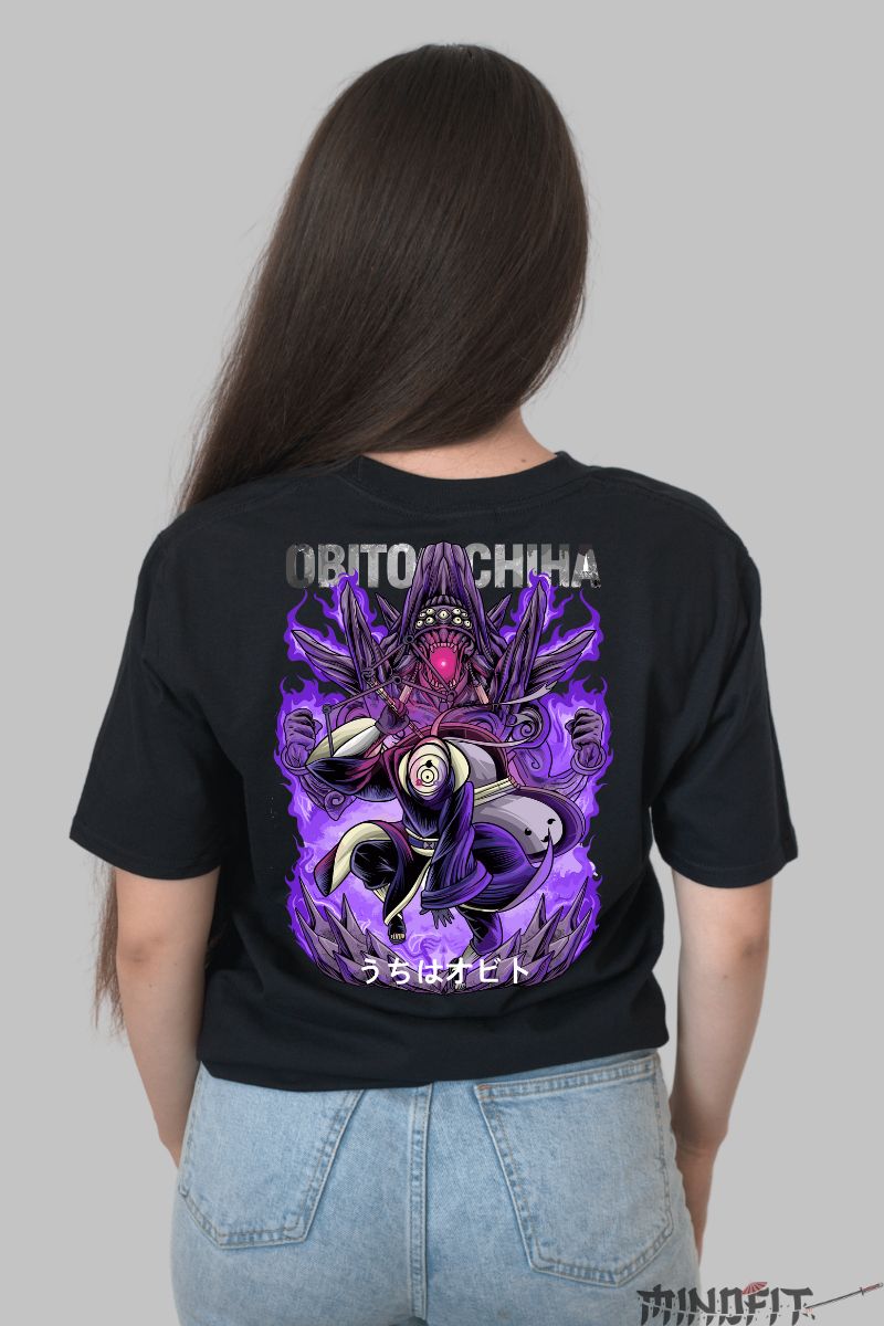 Tricou Anime Naruto Obito Uchiha Full Power dama negru spate