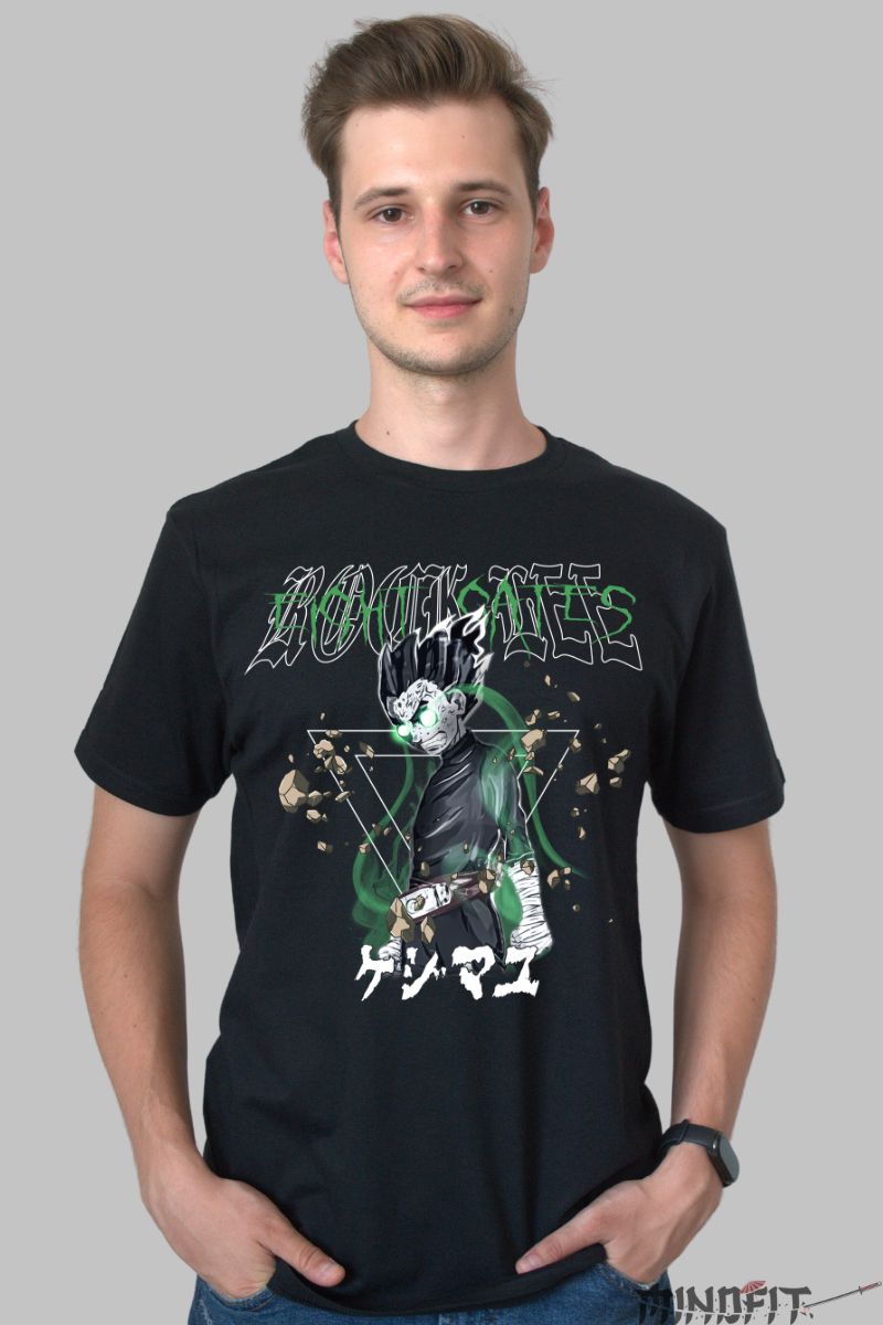 Tricou Anime Naruto Rock Lee And The Stones barbat negru fata