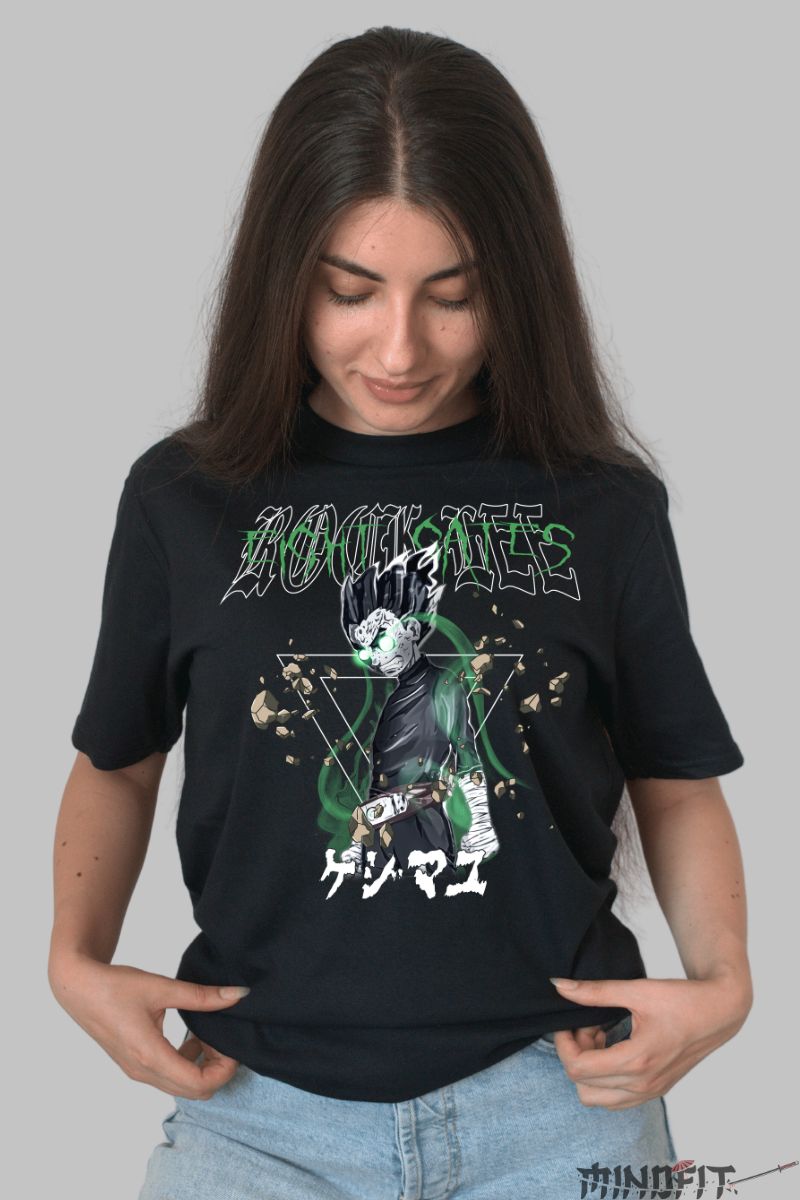 Tricou Anime Naruto Rock Lee And The Stones dama negru fata