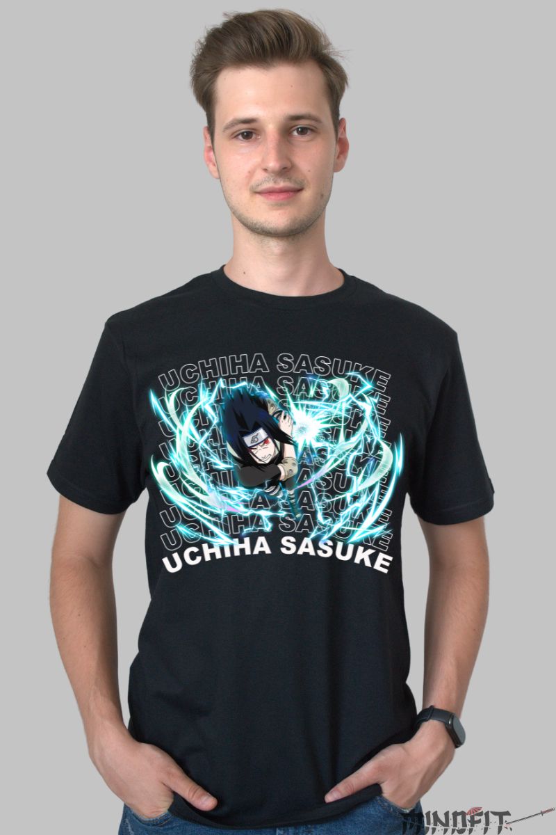 Tricou Anime Naruto Sasuke Chidori barbat negru fata