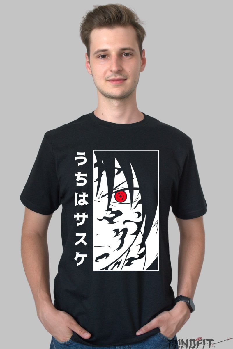 Tricou Anime Naruto Sasuke Death Stare barbat negru fata