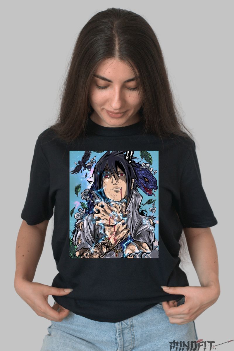 Tricou Anime Naruto Sasuke The Summoning of The Serpent dama negru fata