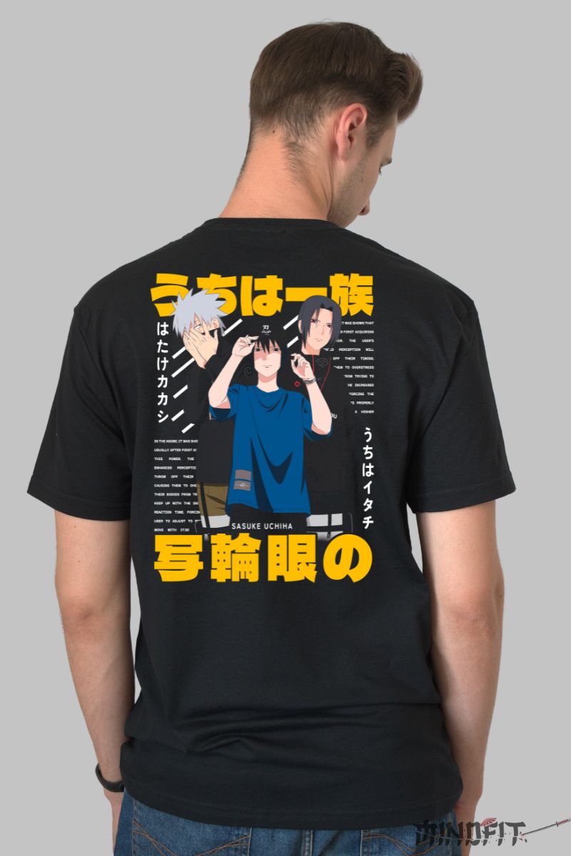 Tricou Anime Naruto Sasuke Uchiha Clan barbat negru spate