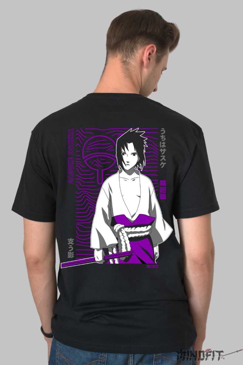 Tricou Anime Naruto Sasuke Uchiha Symbol barbat negru spate