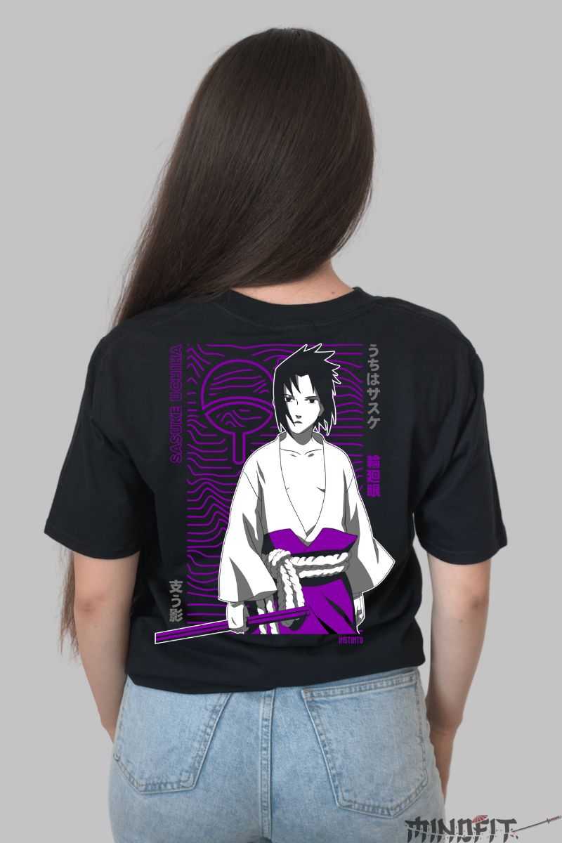 Tricou Anime Naruto Sasuke Uchiha Symbol dama negru spate