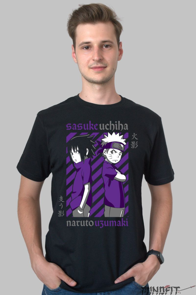 Tricou Anime Naruto Sasuke vs Naruto barbat negru fata