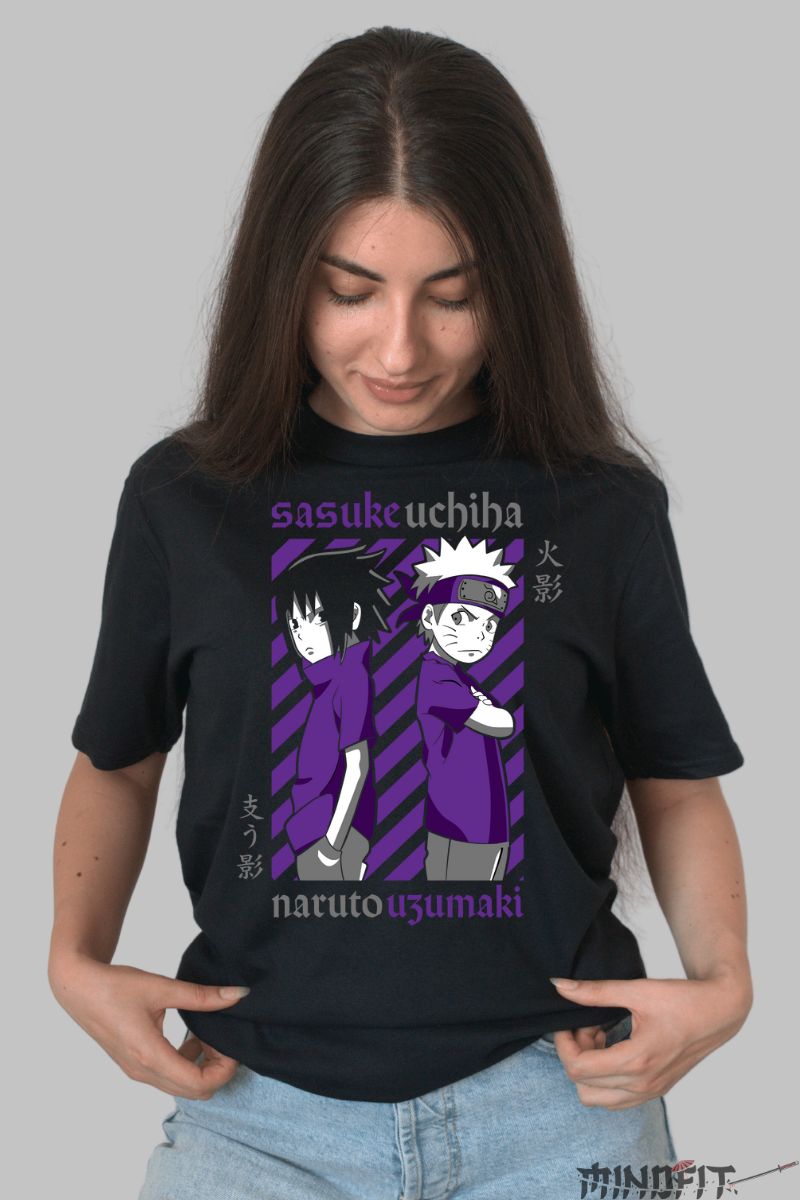 Tricou Anime Naruto Sasuke vs Naruto dama negru fata