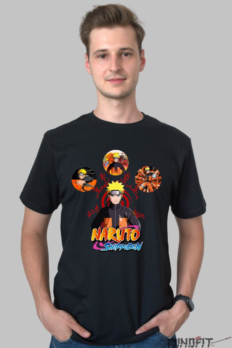Tricou Anime Naruto Three Poses barbat negru fata