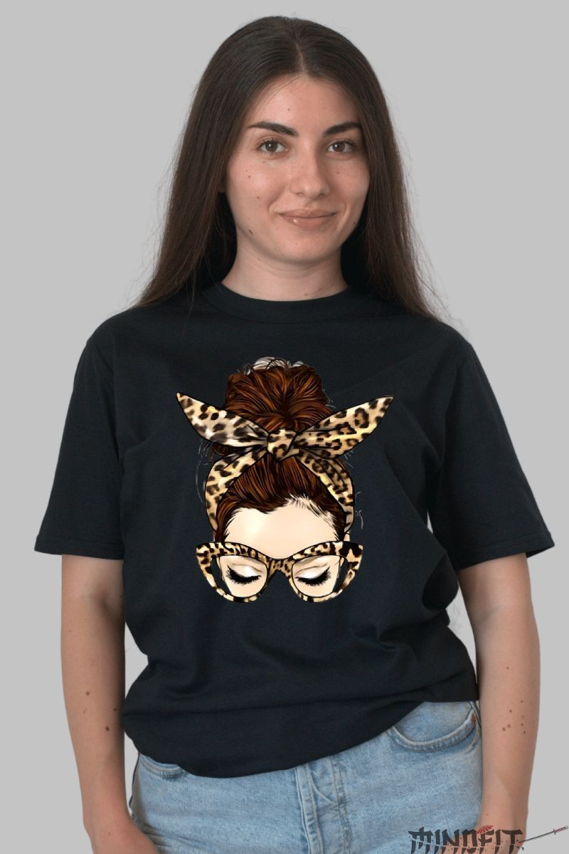 Tricou Aplicatii Fata cu Ochelari dama negru fata