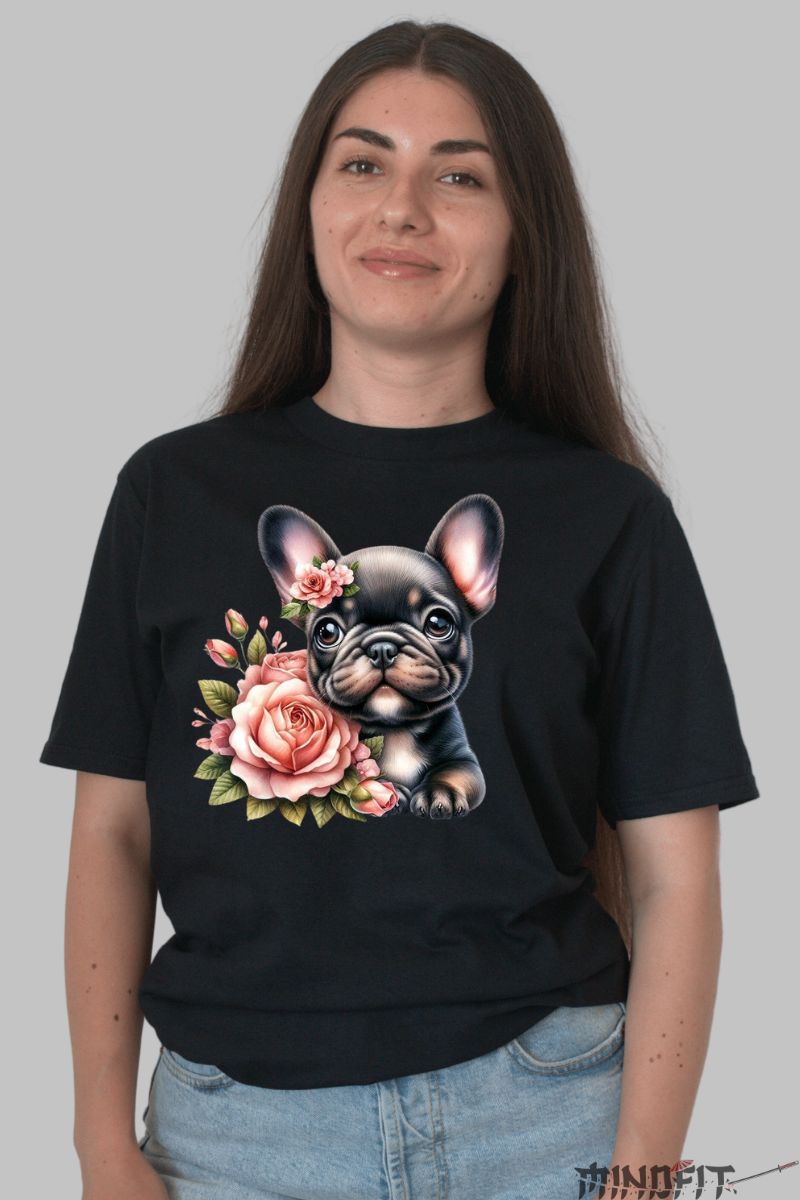 Tricou Caine Bulldog si Flori dama negru fata