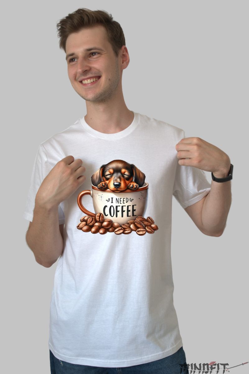 Tricou Caine "I Need Coffee" barbat alb fata
