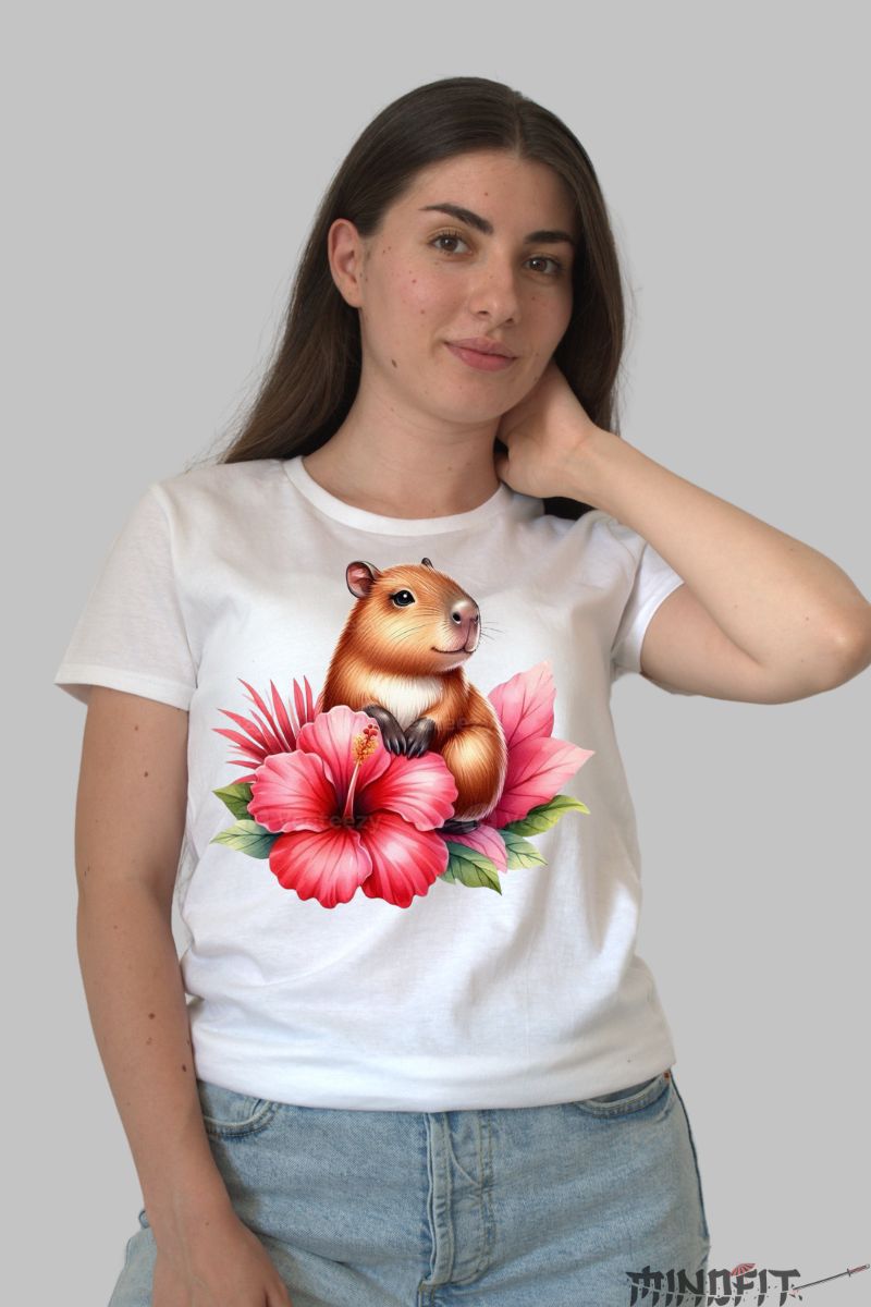 Tricou Capybara cu Flori Rosii dama alb fata