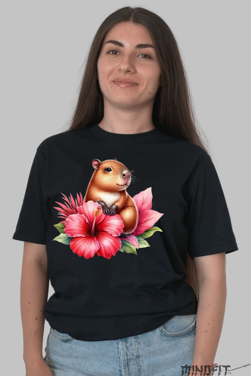 Tricou Capybara cu Flori Rosii dama negru fata