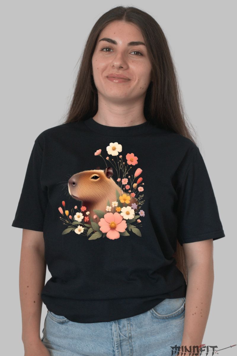 Tricou Capybara cu Flori dama negru fata