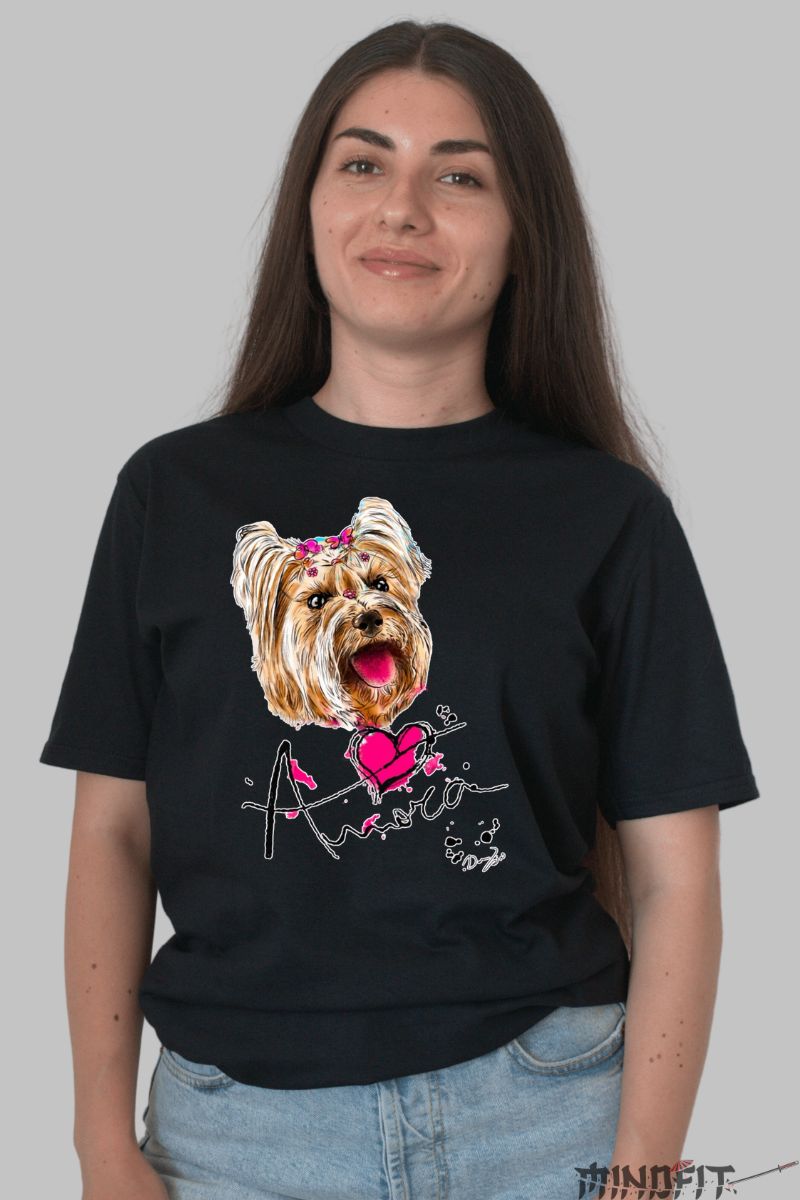 Tricou Catel si Inima Roz dama negru fata