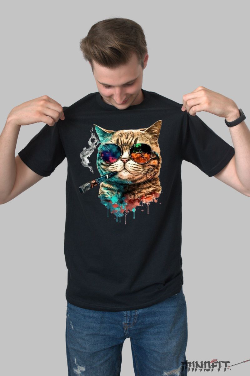 Tricou "Cool Cat" barbat negru fata