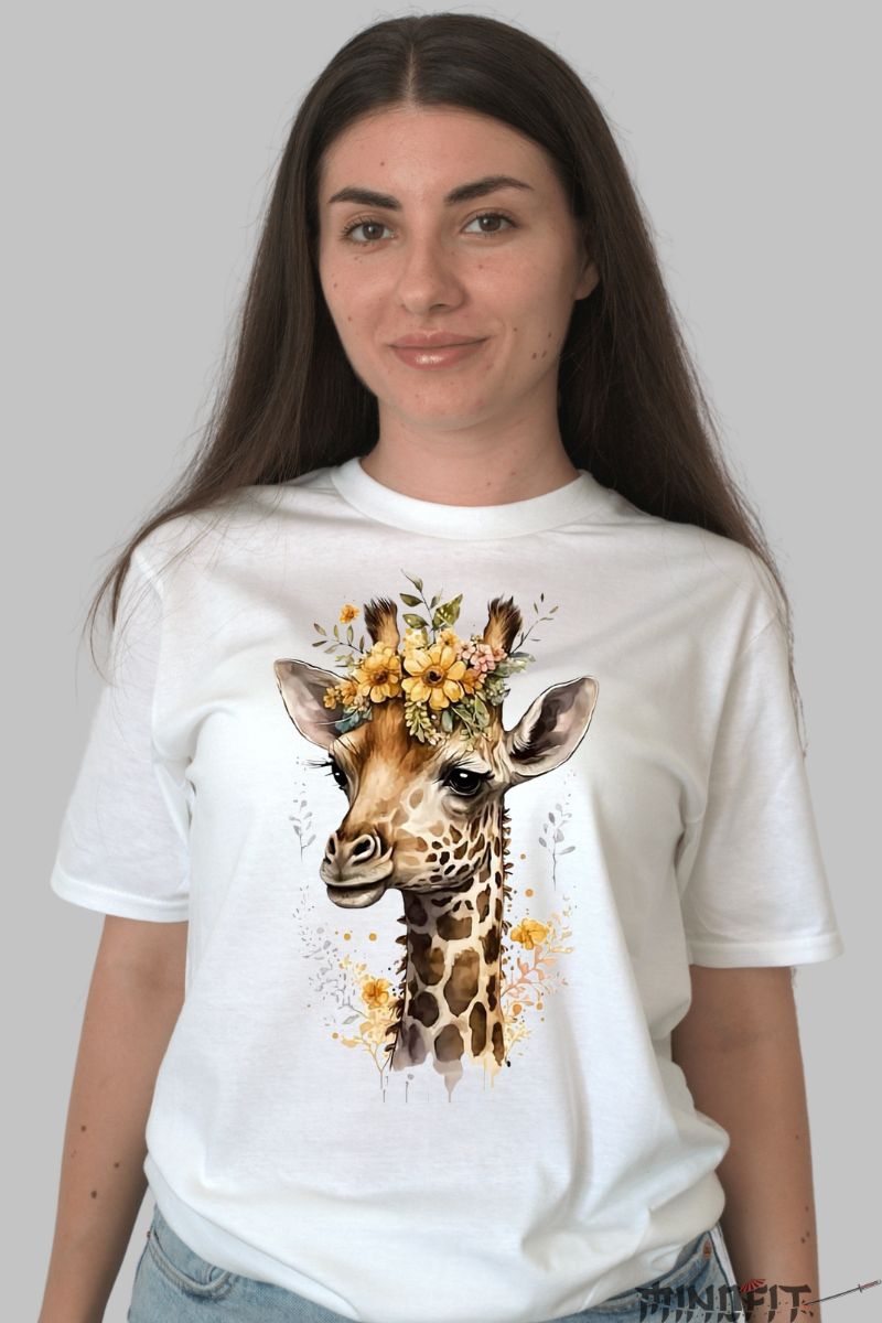 Tricou Dama cu Girafa dama alb fata