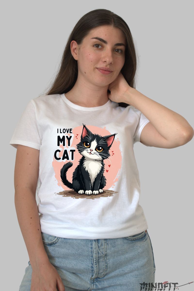 Tricou Dama cu Pisica "I Love My Cat" dama alb fata