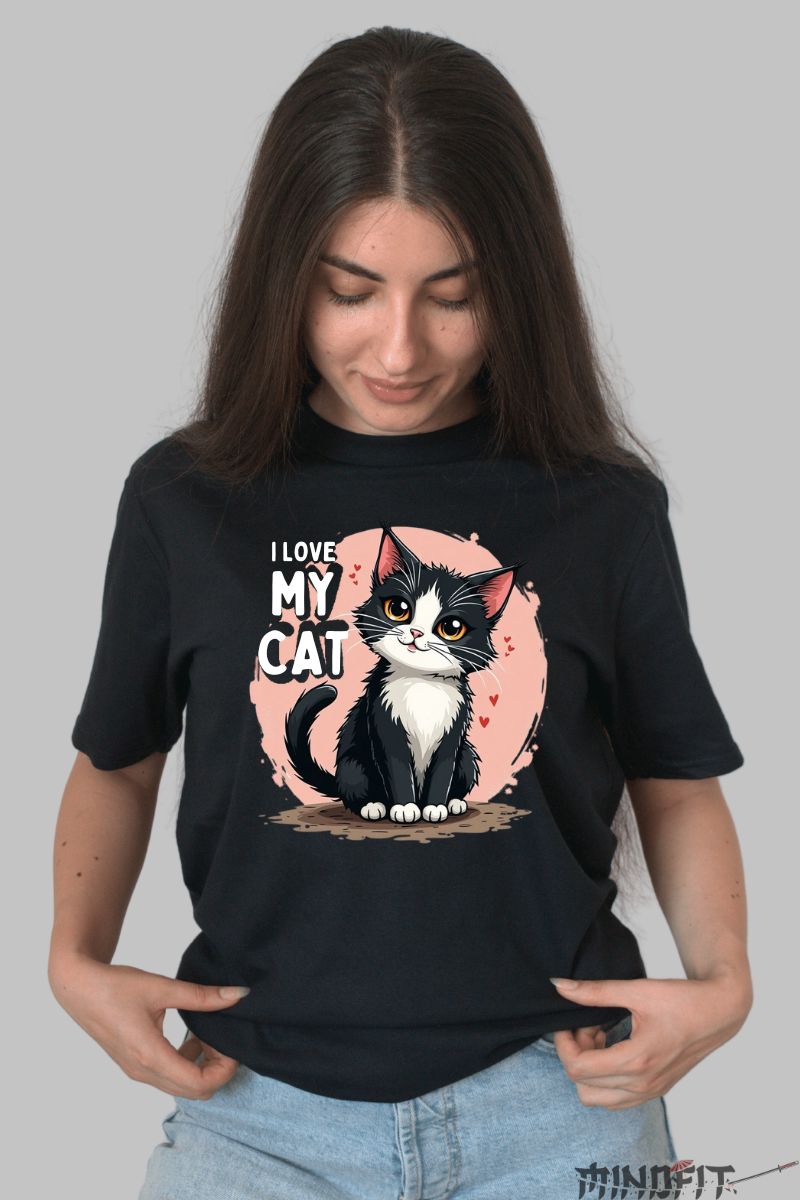 Tricou Dama cu Pisica "I Love My Cat" dama negru fata