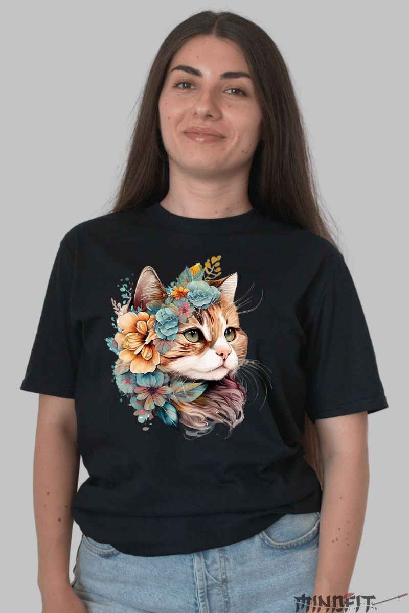 Tricou Dama cu Pisica Inflorata dama negru fata